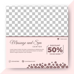 Editable square background template. Social media post template spa and massage with flower decoration. Soft color with photo collage.Usable for spa and massage services. Vector design banner isolated