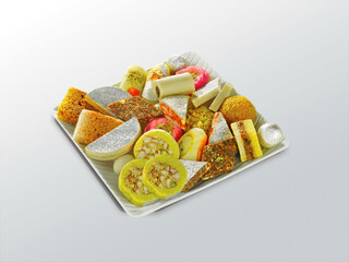 Stock photo of Indian sweets served in plate. variety of Peda, burfi, laddu in decorative plate,...
