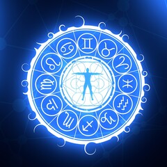 Mystical geometry symbol. Linear alchemy, occult, philosophical sign. Astrology and religion concept. Outline silhouette of man. Zodiac circle. 3D rendering
