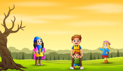 Autumn landscape background with happy family