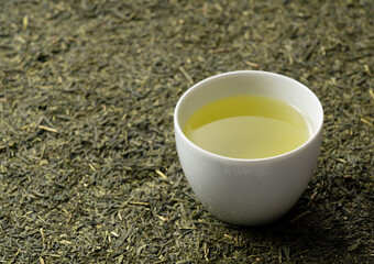 Tea leaves laid across the screen. Green tea placed on it