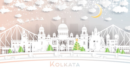 Kolkata (Calcutta) India City Skyline in Paper Cut Style with Snowflakes, Moon and Neon Garland.