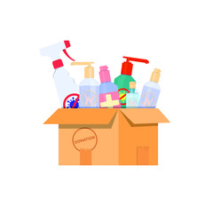 Donation box, hygiene products, antiseptic, disinfectant spray. Vector illustration, flat cartoon multicolored design, isolated on white background, eps 10.