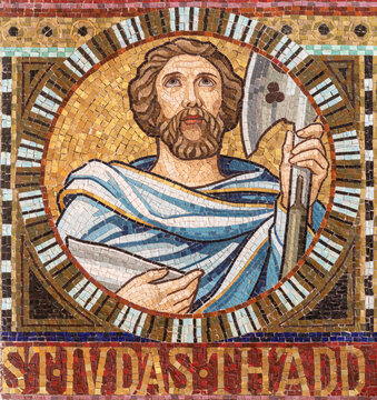 VIENNA, AUSTIRA - OCTOBER 22, 2020: The detail of apostle St. Jude Thaddeus from mosaic of Immaculate Conception in church Pfarrkirche Kaiserm&uuml;hlen.