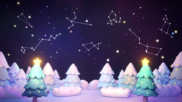 Looped winter forest night with glowing constellations in the night sky animation.