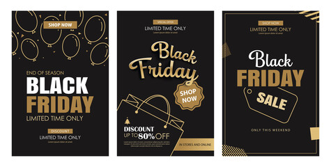 Black friday sale ads banner gold and black color background template. Use for cover, card, flyer, coupon, voucher, poster and all media.