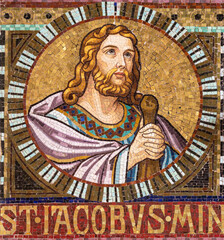 VIENNA, AUSTIRA - OCTOBER 22, 2020: The detail of apostle St. James the Lees from mosaic of Immaculate Conception in church Pfarrkirche Kaisermühlen.