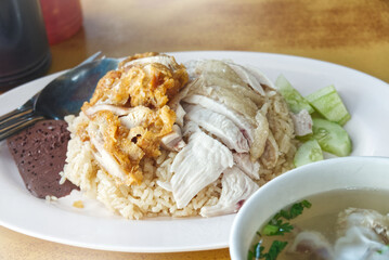 Chicken Rice and Soup, a popular food eaten in Thailand and sold in restaurants.