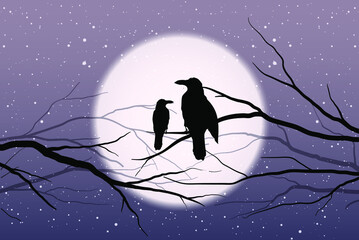 a couple of  birds sitting on the tree branch, the full moon in the background, and snow