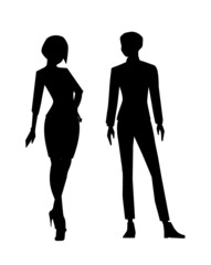 vector silhouettes of a man and woman, businessman and businesswoman 