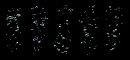 collection water bubble white oxygen air, in underwater clear liquid with bubbles flowing up on the water surface, isolated on a black background