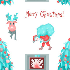 A cute Xmas seamless pattern for design with Santa Claus, christmas tree, fireplace and deer wearing scarf