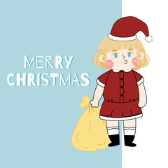 Vector illustration of cute fat girl wearing Santa Claus clothes. Merry Christmas and Happy New Year card.