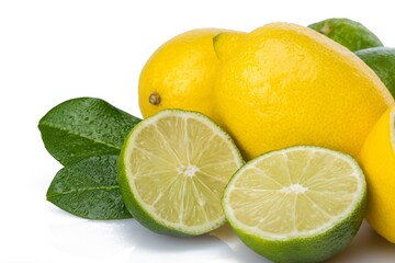 Lemons and Limes with Leaves Close-Up
