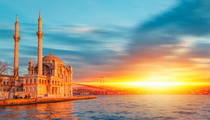 Fototapeta na wymiar Ortakoy Mosque with Bosphorus Bridge in Istanbul during twilight blue hour