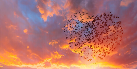 A group of birds fly in the shape of a heart, Amazing sunset in the background