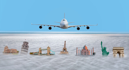 Famous monuments of the world with airplane in blue sky - Travel the world concept (colosseum, eiffel tower, pisa tower, Taj mahal, Arch of Triumph, Statue of Liberty, tower bridge, )