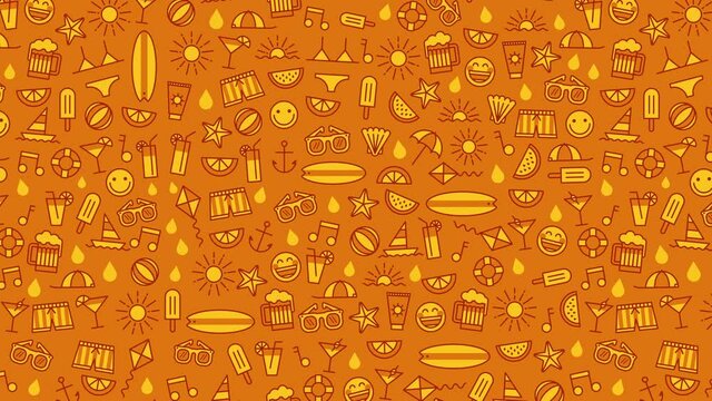 Colorful summer icon background animation moving diagonally. 4k. Seamless loop.