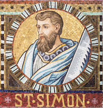 VIENNA, AUSTIRA - OCTOBER 22, 2020: The detail of apostle St. Simon from mosaic of Immaculate Conception in church Pfarrkirche Kaiserm&uuml;hlen.