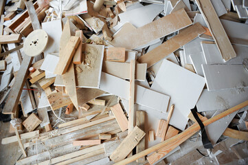 Scrap pile of lumber and drywall cut-offs for recycling