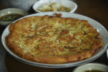 Food, Bindaetteok, Mung-bean pancake, it's a traditional Korean food.