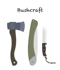 Bushcraft tools: saw, knife, ax. Set of drawings. Editable layered eps