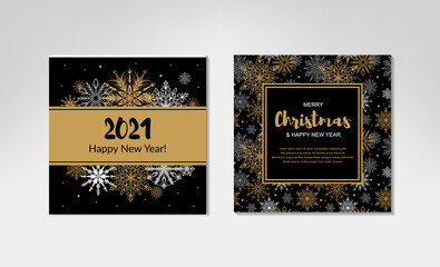 Two side Merry Christmas and New Year greeting card with beautiful Christmas tree and golden snowflakes on black background. Frame with space for text