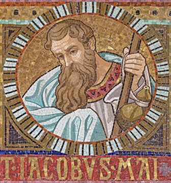 VIENNA, AUSTIRA - OCTOBER 22, 2020: The detail of apostle St. James the Greater from mosaic of Immaculate Conception in church Pfarrkirche Kaisermühlen.