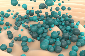 Abstract illustration of falling balls on the sand. 3D Render