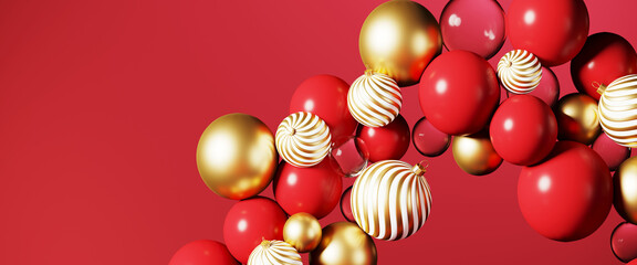 Minimal abstract Merry Christmas for web banner. Sphere garland and golden stripe Christmas bauble on red background. 3d rendering illustration. Clipping path of each element included.