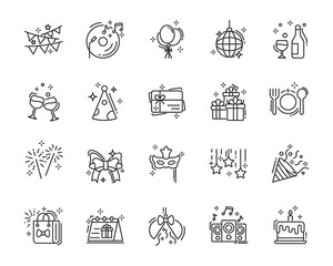 set of celebration thin line icons, party, birthday, new year