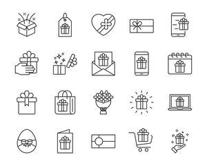 set of gift box thin line icons, birthday gift, new year gift,  christmas gift, valentine gift