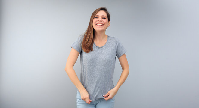 Happy Emotional Woman Wearing Gray T Shirt With Copy Space.