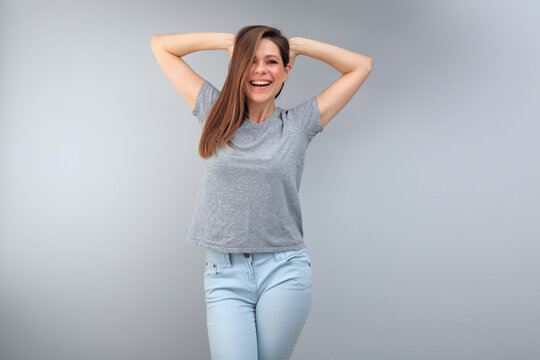 Happy Emotional Woman Wearing Gray T Shirt With Copy Space.