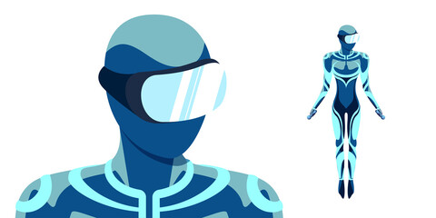 Virtual reality simulator in headset concept. User man in blue suit wearing VR glasses helmet isolated on white background. Futuristic technology vector eps illustration