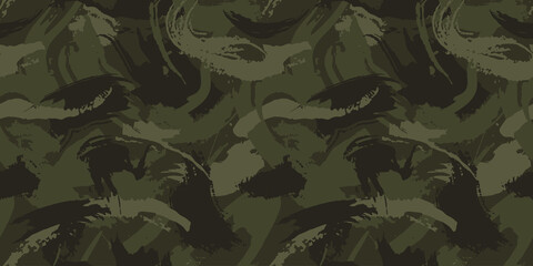 Abstract grunge camouflage, seamless  texture, military camouflage pattern, Army or hunting green camo clothes. Camouflage wallpaper for textile and fabric. Fashion camo style. Vector - obrazy, fototapety, plakaty