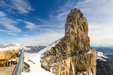 Bizarre rock formation - la quille du diable (Devil Needle) on Swiss alps near the Glacier 3000,...