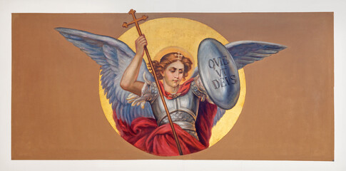 VIENNA, AUSTIRA - OCTOBER 22, 2020: The fresco of St. Michael archangel in the church St. Johann der Evangelist. - obrazy, fototapety, plakaty