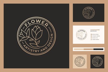 golden flower logo design with business card template.