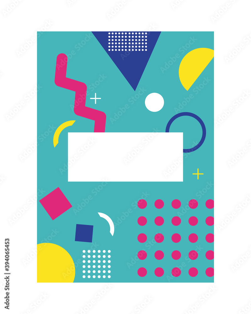 Poster light blue color memphis style background with rectangle and figures
