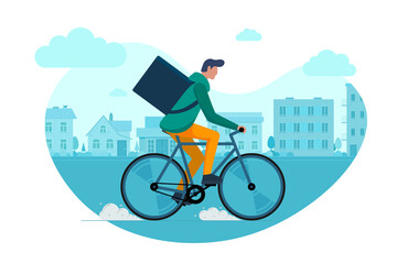 Fototapeta premium Young male courier with backpack box riding bicycle and carries goods and food package on city street. Young guy fast cycling eco delivery order service. Vector eps illustration