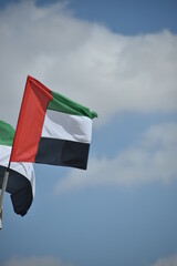 UAE flag waving in the sky, national symbol of UAE. UAE National Day. Celebration, freedom.