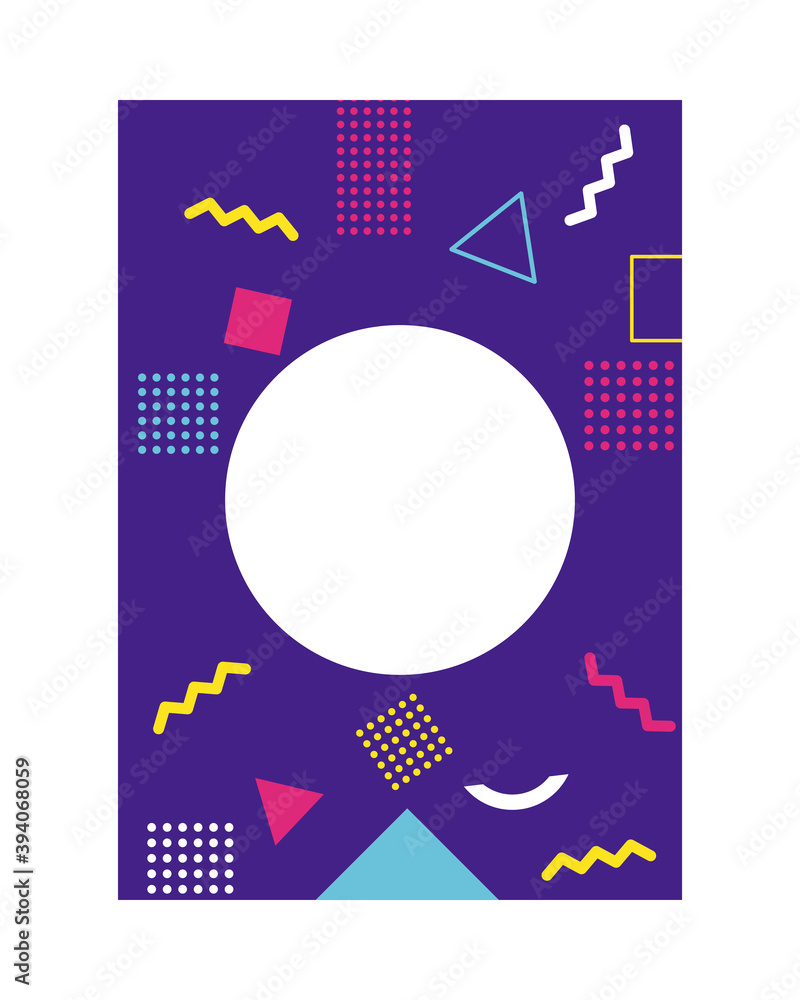 Poster purple color memphis style background with circular frame