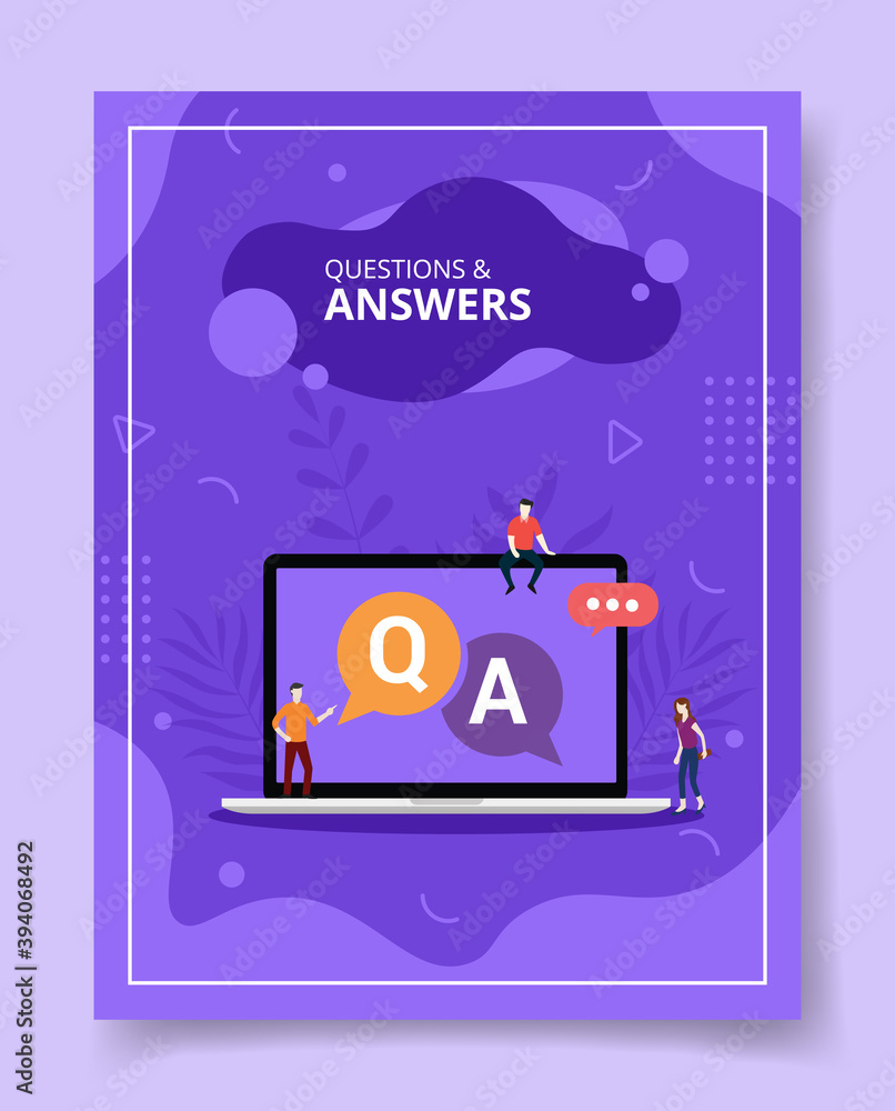 Poster questions and answers people standing sitting on laptop q and a text on display for template of bann