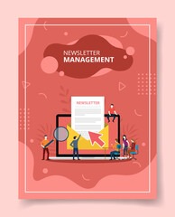 newsletter management people standing sitting front laptop newsletter on display for template of banners, flyer, books cover, magazines with liquid shape style