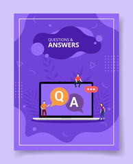 questions and answers people standing sitting on laptop Q and A text on display for template of banners, flyer, books cover, magazines with liquid shape style