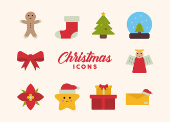 lettering and bundle of merry christmas flat style icons