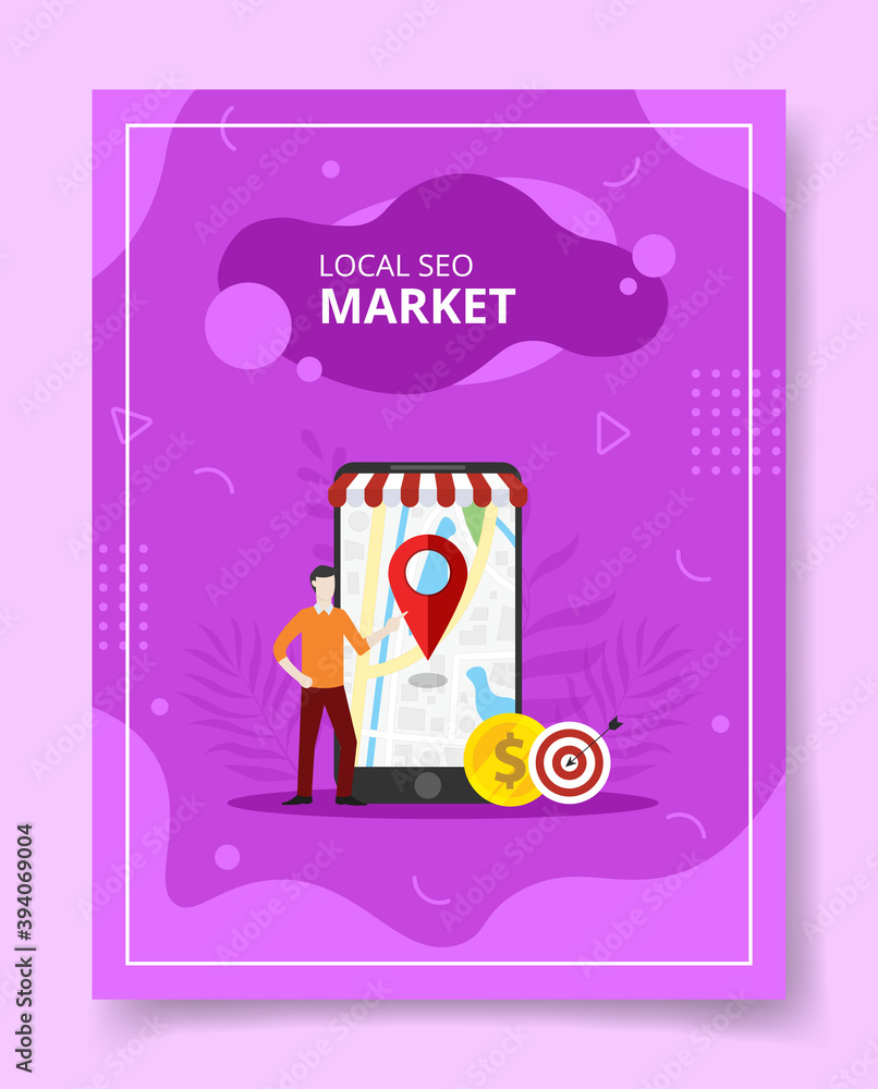 Poster local seo market men stand front giant smartphone pointer location on display for template of banner