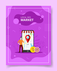 local seo market men stand front giant smartphone pointer location on display for template of banners, flyer, books cover, magazines with liquid shape style