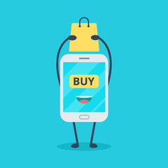 Smartphone online shop. Illustration vector graphic cartoon character of cute smartphone. Perfect for Ecommerce,sale, store web element. Illustration E-commerce Shopping Symbols.